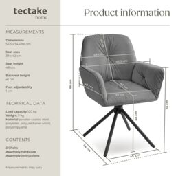 tectake Swivel Chair Lenia Set Of 2 - Velvet Look Anthracite/Black in Dark Grey - Size: 2 Pack - thumbnail 6