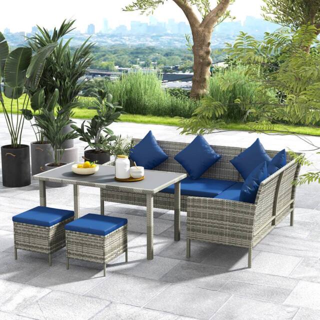 OUTSUNNY 5Pcs Rattan Dining Corner Sofa Set, Garden Furniture Set, Dark Blue - image 1