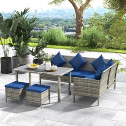 OUTSUNNY 5Pcs Rattan Dining Corner Sofa Set, Garden Furniture Set, Dark Blue - thumbnail 1