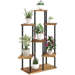 OUTSUNNY 5 Tier Plant Stand, Tall Steel Wood Plant Shelf, Carbonised Finish in Brown - thumbnail 2