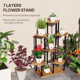 OUTSUNNY 5 Tier Plant Stand, Tall Steel Wood Plant Shelf, Carbonised Finish in Brown - thumbnail 4