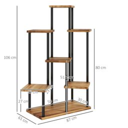 OUTSUNNY 5 Tier Plant Stand, Tall Steel Wood Plant Shelf, Carbonised Finish in Brown - thumbnail 3