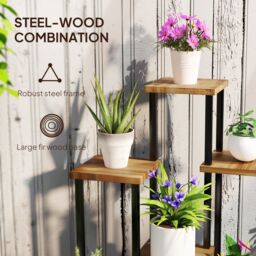 OUTSUNNY 5 Tier Plant Stand, Tall Steel Wood Plant Shelf, Carbonised Finish in Brown - thumbnail 6