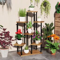 OUTSUNNY 5 Tier Plant Stand, Tall Steel Wood Plant Shelf, Carbonised Finish in Brown - thumbnail 1