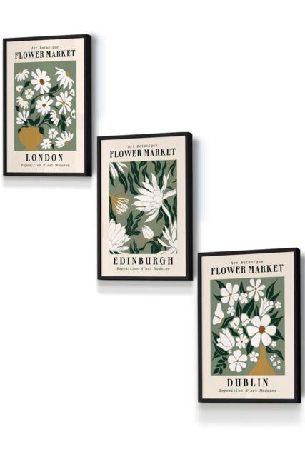 ARTZE Framed Green Flower Market London Edinburgh Dublin Framed Wall Art - Small in Black - Size: W33 cm x H45 cm x D20mm - image 1