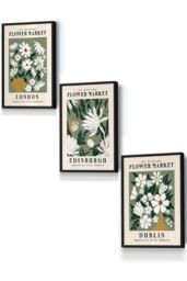 ARTZE Framed Green Flower Market London Edinburgh Dublin Framed Wall Art - Small in Black - Size: W33 cm x H45 cm x D20mm - thumbnail 1