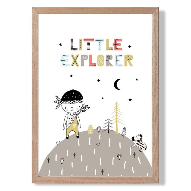 ARTZE Cute Little Boy Explorer Scandi Quote Framed Print SIZE: A2 with Oak Frame in Pale Blue - Size: A4 - image 1