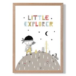 ARTZE Cute Little Boy Explorer Scandi Quote Framed Print SIZE: A2 with Oak Frame in Pale Blue - Size: A4 - thumbnail 1