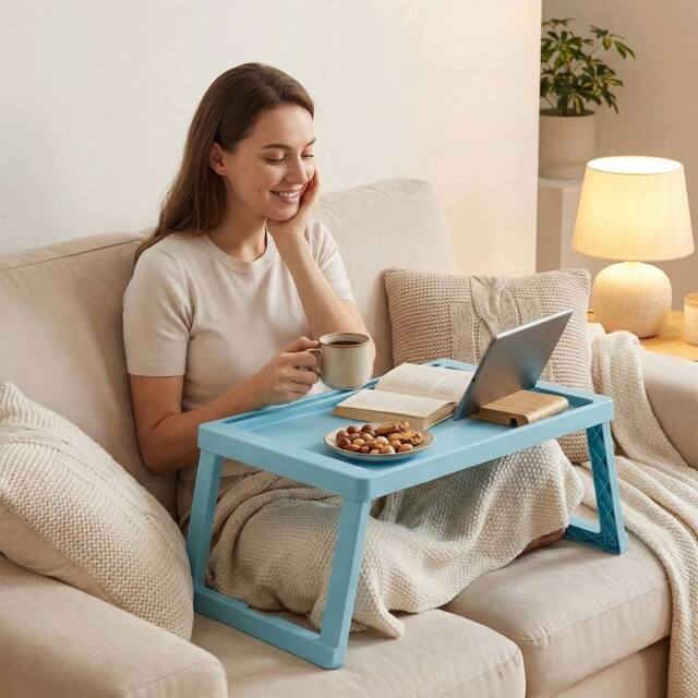 FORGEVIO Plastific Tray with Legs Folding Table Folding Bed Tray Table in Blue - image 1