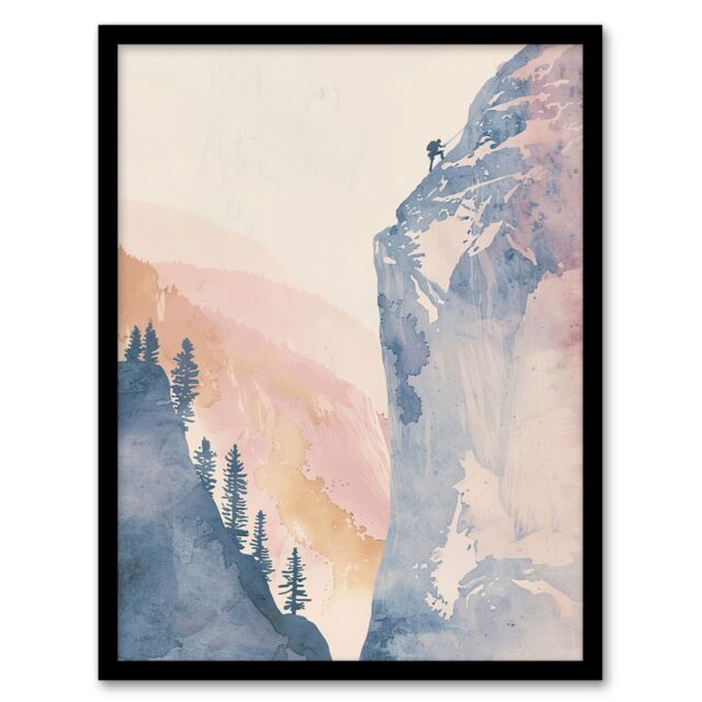 "Artery8 El Capitan Yosemite Rock Climber Soft Watercolour Framed Art Print - Size: W12"" x H16""" - image 1
