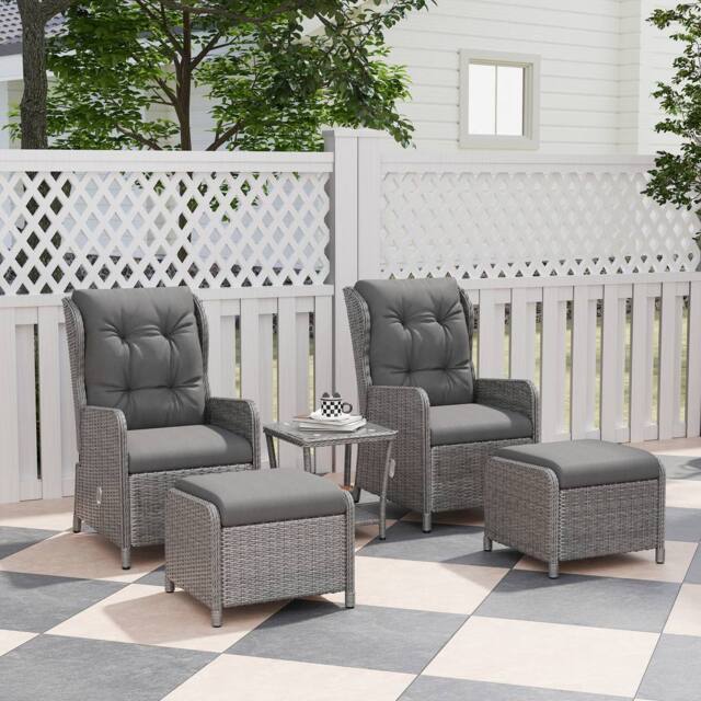OUTSUNNY Recliner Rattan Garden Furniture w/ Two-tier Glass Top Table & Cushions, Light Grey - image 1