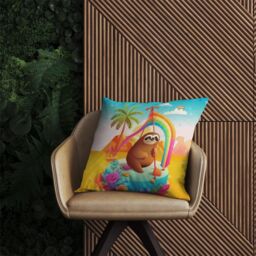 Warren Reed - Designer Sloth On A Beach Holiday Outdoor Cushion in Yellow - Size: 60 cm x 60 cm - thumbnail 2