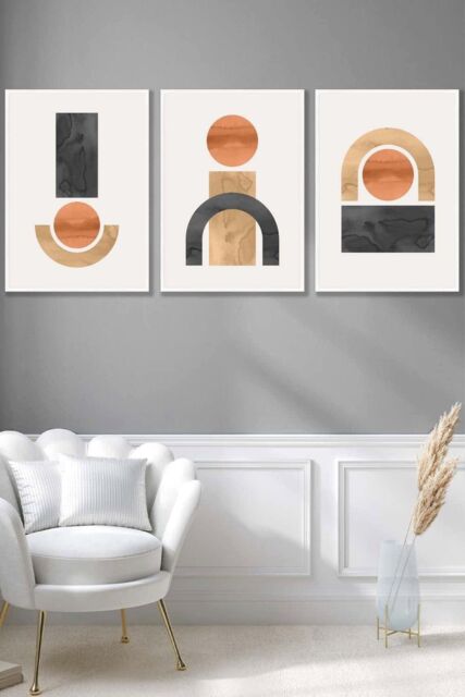ARTZE Set of 3 White Framed Mid Century Graphical Shapes in Black & Yellow Wall Art - Size: W33 cm x H45 cm x D20mm - image 1