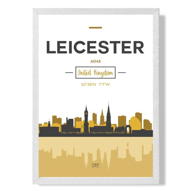 ARTZE Leicester Yellow & Black City Skyline Framed Print SIZE: A2 with White Frame - Size: A4 - image 1