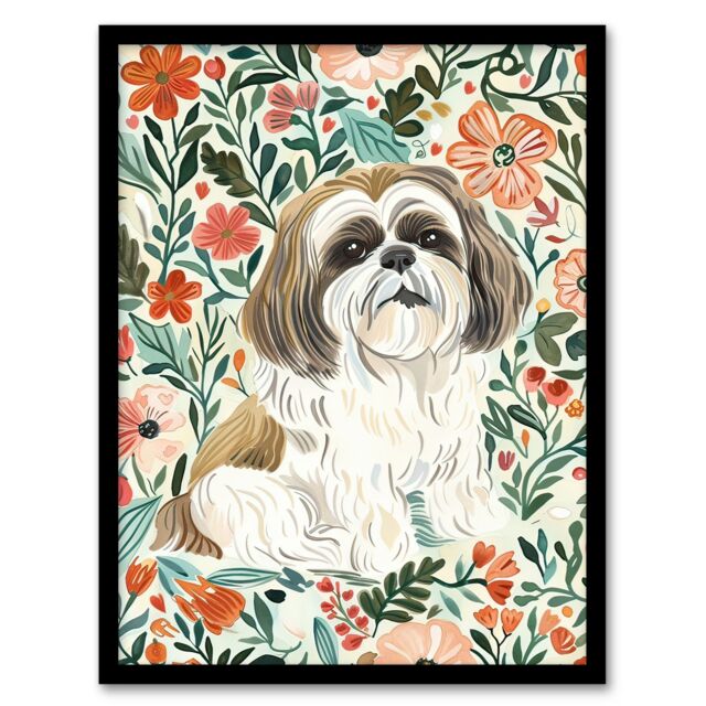 "Artery8 Cute Shih Tzu Dog Lover Rustic Floral Portrait Framed Wall Art - Size: W12"" x H16""" - image 1
