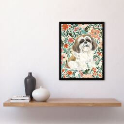 "Artery8 Cute Shih Tzu Dog Lover Rustic Floral Portrait Framed Wall Art - Size: W12"" x H16""" - thumbnail 4