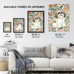 "Artery8 Cute Shih Tzu Dog Lover Rustic Floral Portrait Framed Wall Art - Size: W12"" x H16""" - thumbnail 3