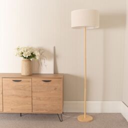 ValueLights Heather Light Wood Single Stem Floor Lamp with Natural Fabric Drum Lamp Shade in White - thumbnail 3
