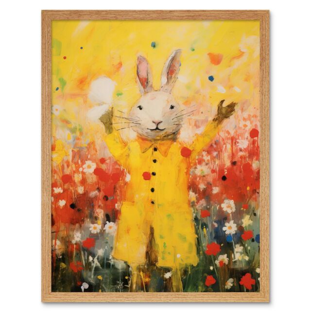 "Artery8 Wall Art Print Rabbit in a Yellow Rain Mac Oil Painting Bright Floral Meadow Kids Bedroom Nursery Art Framed in Light Oak - Size: W12"" x H16""" - image 1