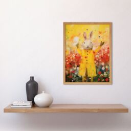 "Artery8 Wall Art Print Rabbit in a Yellow Rain Mac Oil Painting Bright Floral Meadow Kids Bedroom Nursery Art Framed in Light Oak - Size: W12"" x H16""" - thumbnail 2
