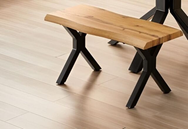 KOSY KOALA Durable Wooden Bench with X-Shaped Iron Legs, Curved Edge for Dining, Work, or Study in Brown - image 1