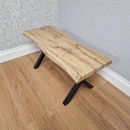 KOSY KOALA Durable Wooden Bench with X-Shaped Iron Legs, Curved Edge for Dining, Work, or Study in Brown - thumbnail 2