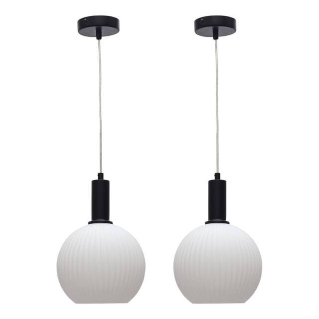 First Choice Lighting Set of 2 Betchley - White Ribbed Glass Globe Black Deco Pendants - image 1