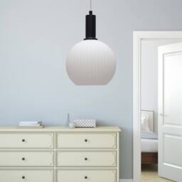 First Choice Lighting Set of 2 Betchley - White Ribbed Glass Globe Black Deco Pendants - thumbnail 5