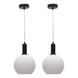 First Choice Lighting Set of 2 Betchley - White Ribbed Glass Globe Black Deco Pendants - thumbnail 1