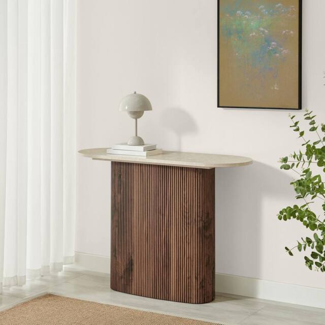 FurnitureboxUK Penrose Rounded Walnut Wood & Marble Effect Console Table - image 1