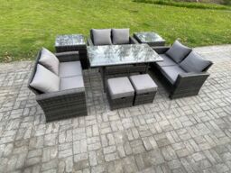 Fimous 8 Seater Wicker PE Rattan Garden Furniture Sets Outdoor Lounge Sofa Set with Oblong Dining Table Double Seat Sofa in Dark Grey - thumbnail 1