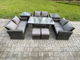 Fimous 8 Seater Wicker PE Rattan Garden Furniture Sets Outdoor Lounge Sofa Set with Oblong Dining Table Double Seat Sofa in Dark Grey - thumbnail 2