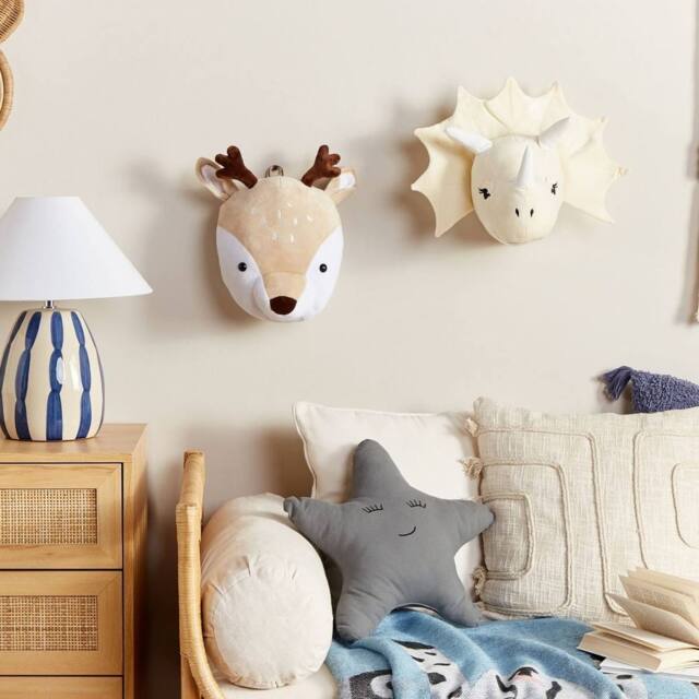 Wyld and Coco Plush Deer Head Wall Decor - Beige Cotton Kids Room Accent - Size: W21 cm x H30 cm - image 1
