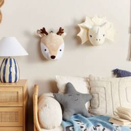 Wyld and Coco Plush Deer Head Wall Decor - Beige Cotton Kids Room Accent - Size: W21 cm x H30 cm