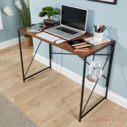Home Source Folding Compact Desk Storage Hook Wood Metal Office Computer Table in Dark Brown - thumbnail 4