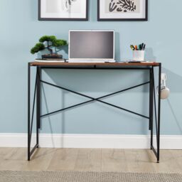 Home Source Folding Compact Desk Storage Hook Wood Metal Office Computer Table in Dark Brown - thumbnail 3