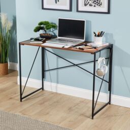Home Source Folding Compact Desk Storage Hook Wood Metal Office Computer Table in Dark Brown - thumbnail 2