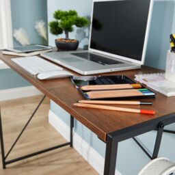 Home Source Folding Compact Desk Storage Hook Wood Metal Office Computer Table in Dark Brown - thumbnail 6