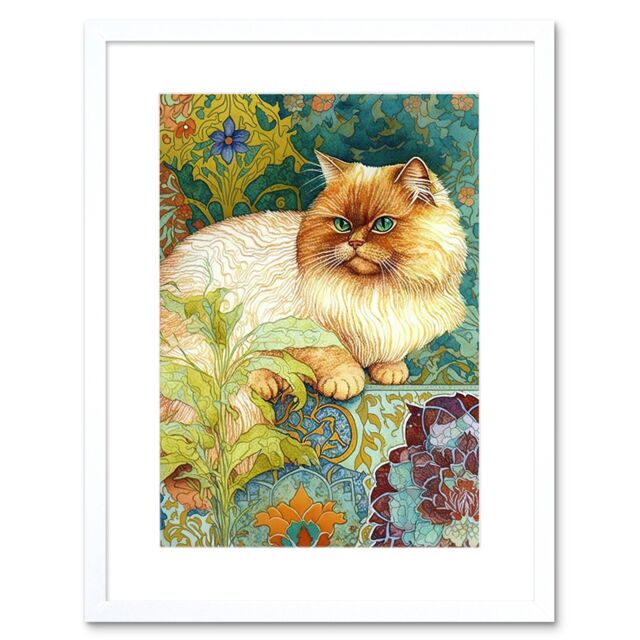 "Artery8 Wall Art Print Orange Persian Cat William Morris Inspired Floral Pattern Colourful Modern Artwork Framed 9X7 Inch in White - Size: W7"" x H9""" - image 1
