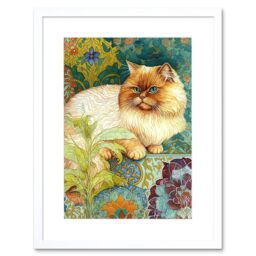 "Artery8 Wall Art Print Orange Persian Cat William Morris Inspired Floral Pattern Colourful Modern Artwork Framed 9X7 Inch in White - Size: W7"" x H9""" - thumbnail 1
