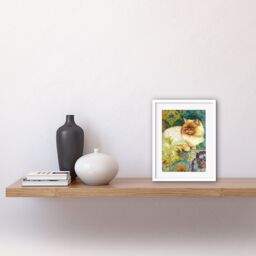 "Artery8 Wall Art Print Orange Persian Cat William Morris Inspired Floral Pattern Colourful Modern Artwork Framed 9X7 Inch in White - Size: W7"" x H9""" - thumbnail 2