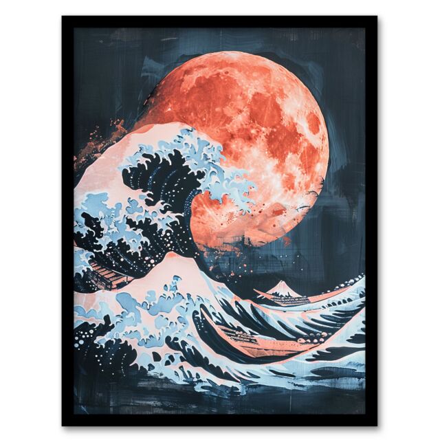 Artery8 Surreal Great Wave Blood Moon Sea Storm Painting Framed Wall Art in Blue - Size: A4 - image 1