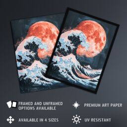 Artery8 Surreal Great Wave Blood Moon Sea Storm Painting Framed Wall Art in Blue - Size: A4 - thumbnail 2
