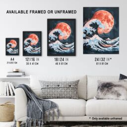 Artery8 Surreal Great Wave Blood Moon Sea Storm Painting Framed Wall Art in Blue - Size: A4 - thumbnail 3