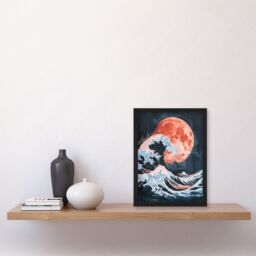 Artery8 Surreal Great Wave Blood Moon Sea Storm Painting Framed Wall Art in Blue - Size: A4 - thumbnail 4