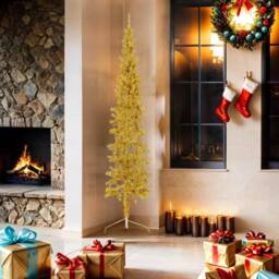 Berkfield Home Slim Artificial Half Christmas Tree with Stand Gold 180 cm - thumbnail 3