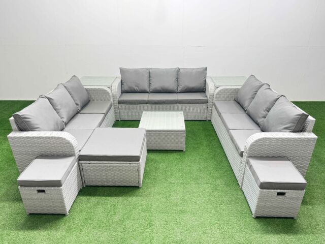 Fimous PE Rattan Lounge Sofa Set 12 Seater Outdoor Garden Furniture Set with Square Coffee Table 3 Seater Sofa 3 Stools 2 Side Table Light Grey - image 1