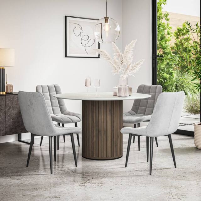 More4Homes Arlo White Marble Top W Walnut Leg + Nova Velvet Dining Chair Set Of 4 in Grey - image 1