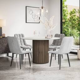 More4Homes Arlo White Marble Top W Walnut Leg + Nova Velvet Dining Chair Set Of 4 in Grey