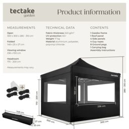 tectake 3x3m Foldable Aluminum Garden Pavilion with 4 Side Panels in Black - Size: Large - thumbnail 6